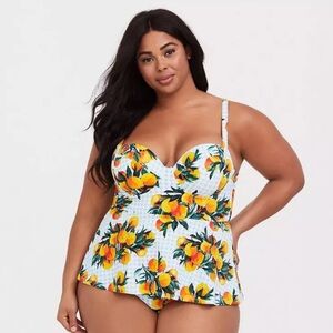 Torrid Swimsuit Womens 2F Lemon Print Gingham Peplum One Piece Retro Pinup Chic